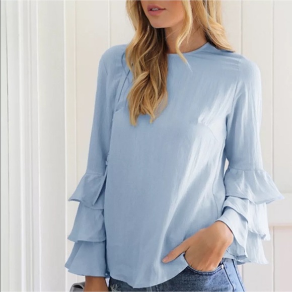 IN STOCK! Blue Ruffle Sleeve Summer Top - Picture 2 of 3
