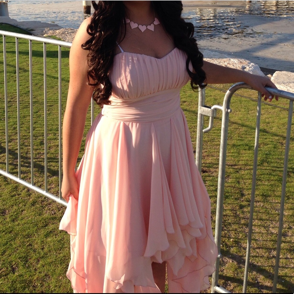 Pale Pink High-Low Flowy Strapless Dress
