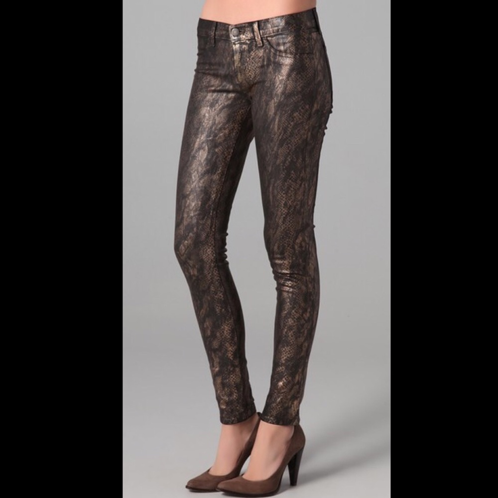 J Brand Skinny Coated Gray Gold Snake Print Jeans