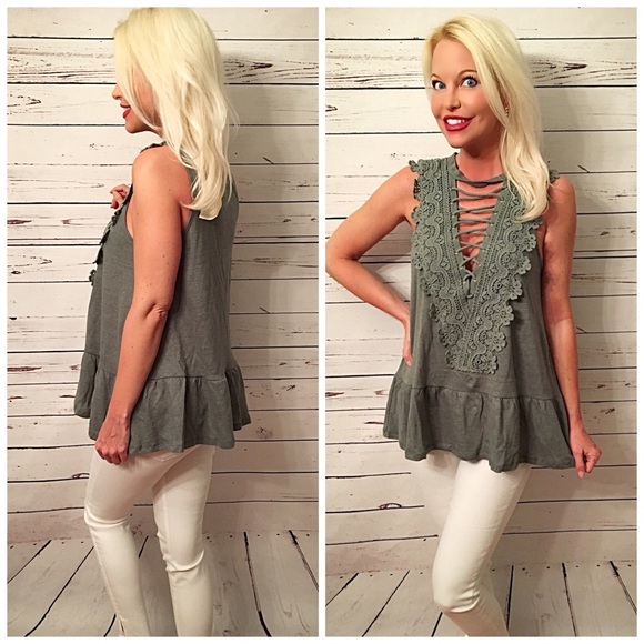LAST ONE! Deep sage lace up lace detail tunic top! - Picture 2 of 3