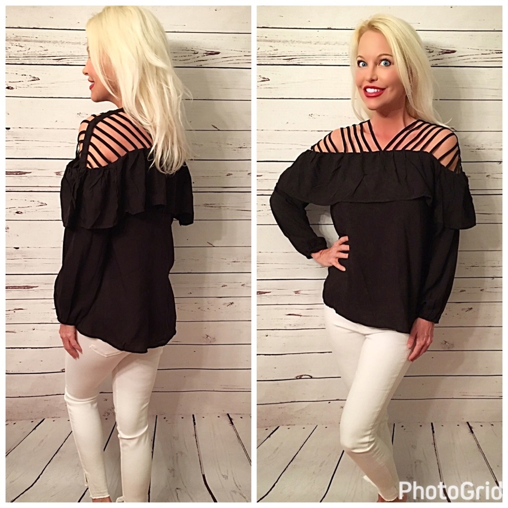 LAST ONE Black ruffle top with strapping design! - Picture 2 of 3