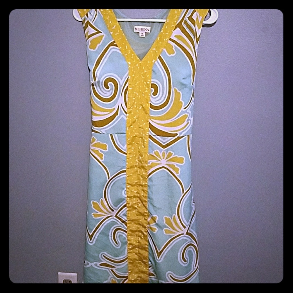 👗 Teal and mustard printed sheath dress with tie