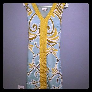 👗 Teal and mustard printed sheath dress with tie