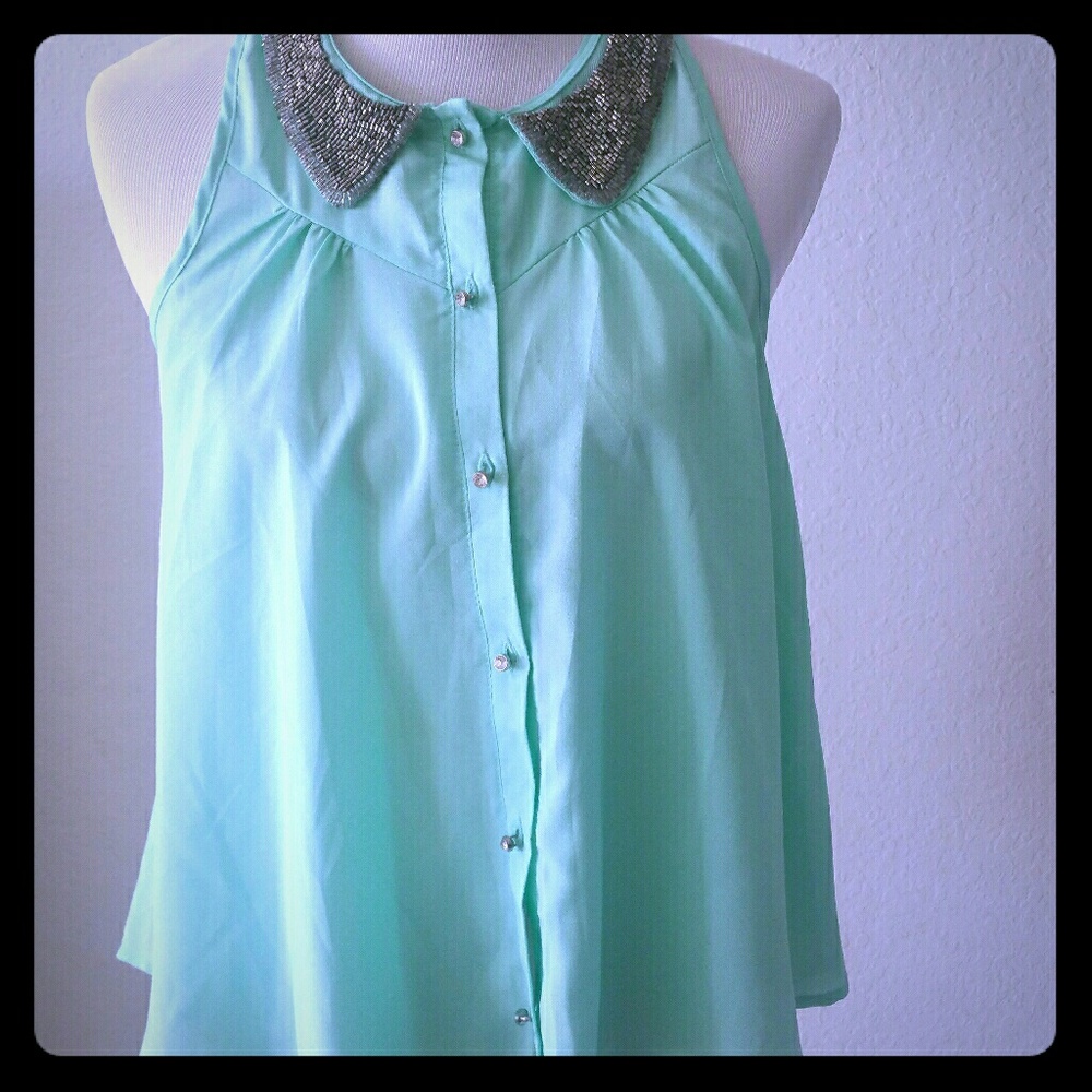 Mint Green Beaded Collar Top