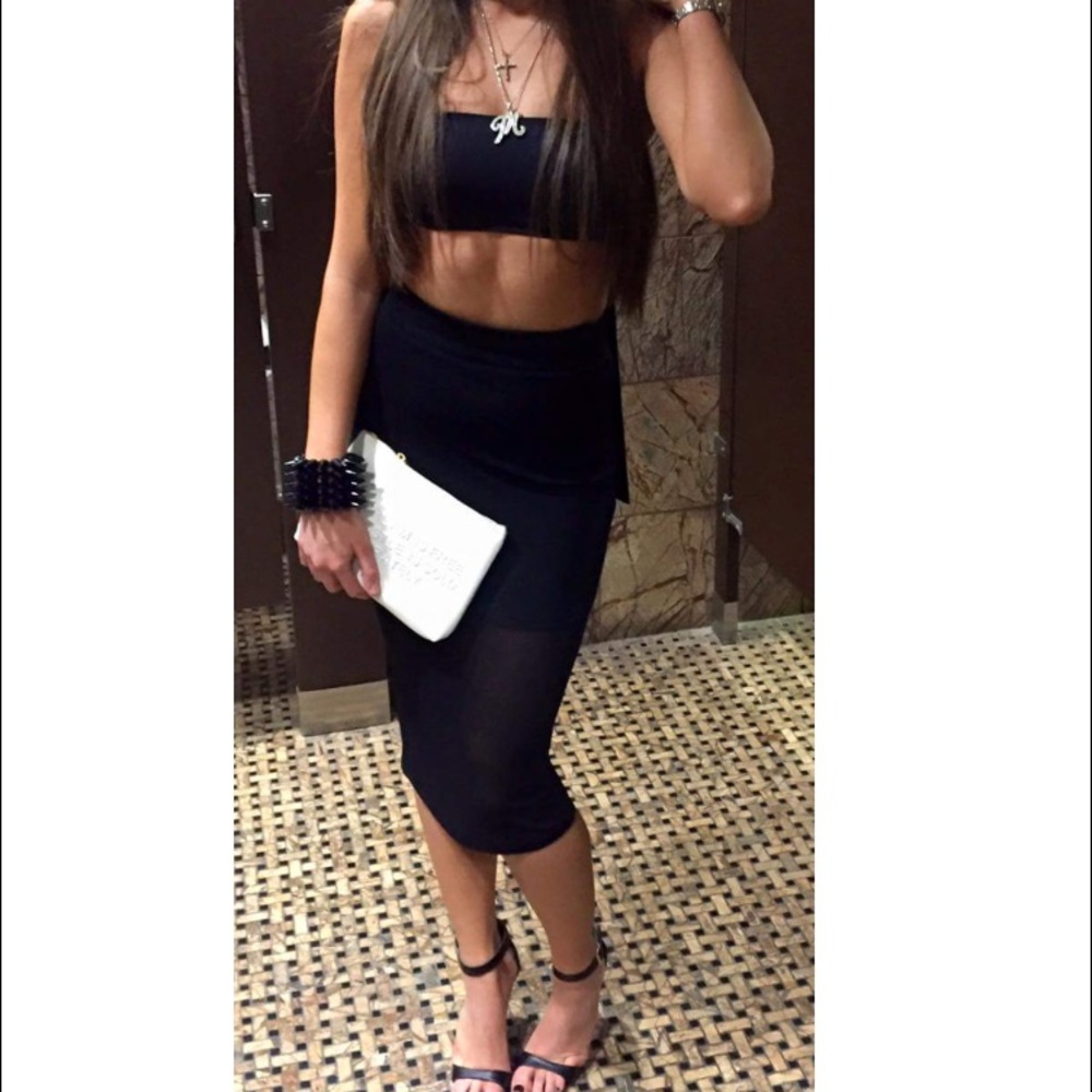 Mesh overlay pencil skirt with shirt under skirt