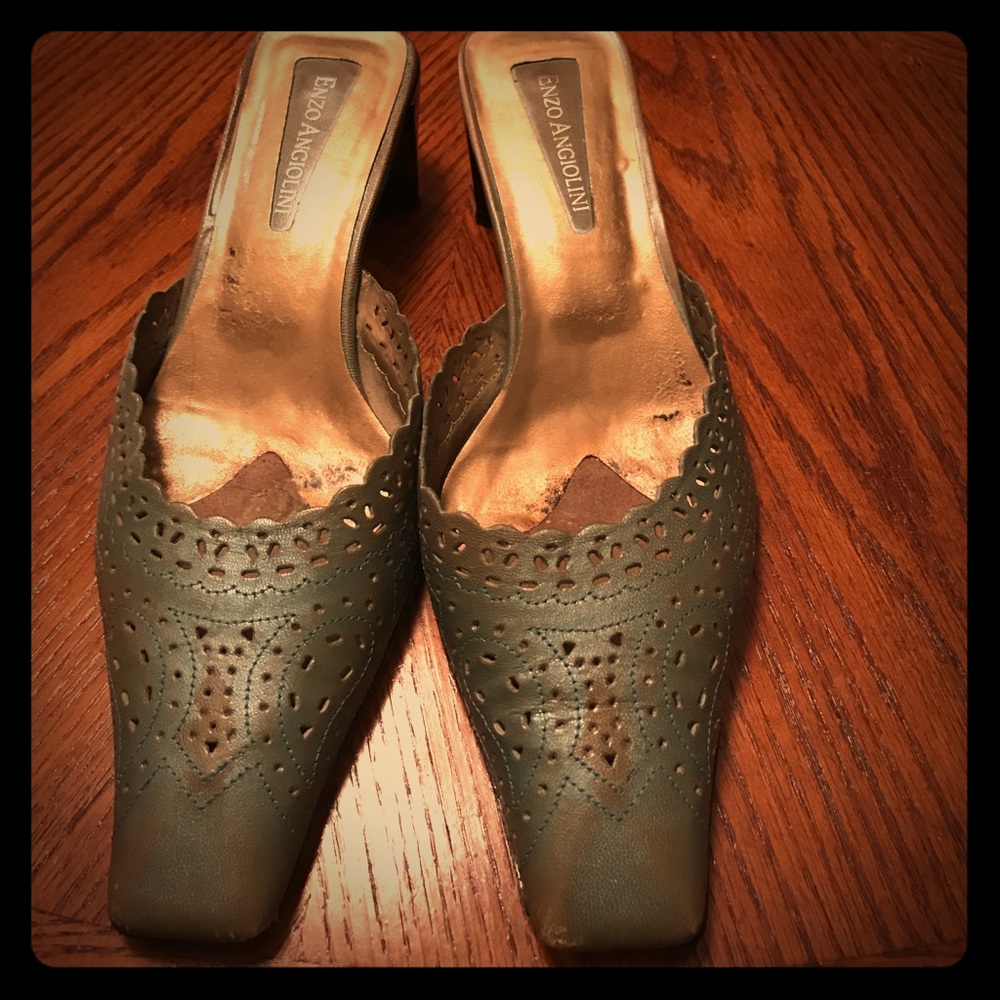 Light blue metallic mules