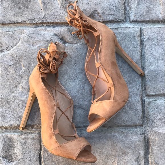 Tan Lace Front Gladiator Heeled Sandals - Picture 6 of 6