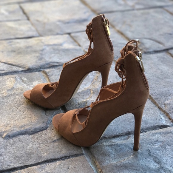 Tan Lace Front Gladiator Heeled Sandals - Picture 2 of 6