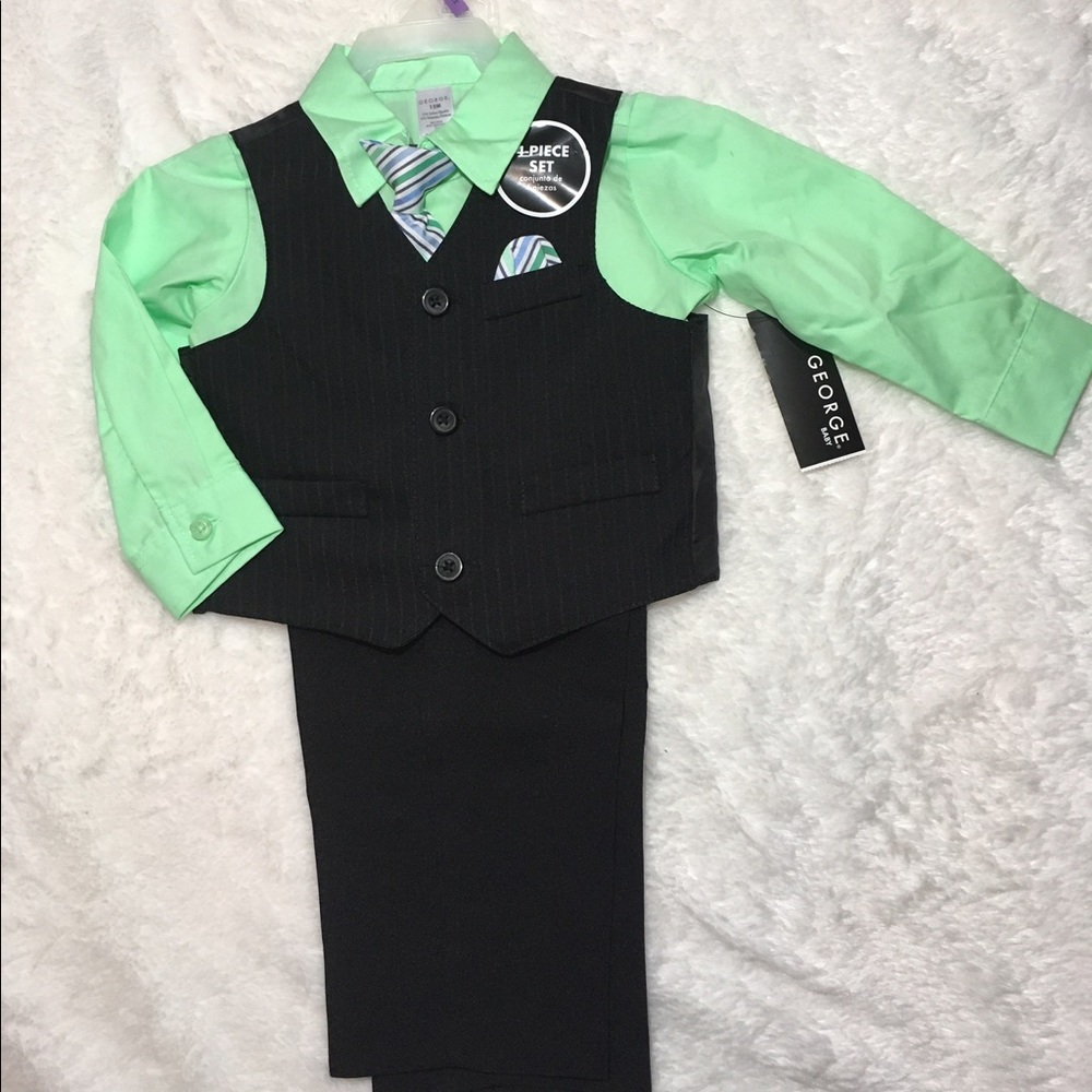 🆕George black 4 piece suit with green shirt