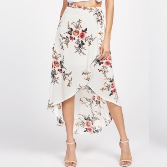 Dresses & Skirts - Ivory Floral Crepe de Chine Wrap Tie Hi Low Skirt
