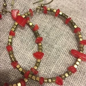 Coral & gold beaded, circular large earrings