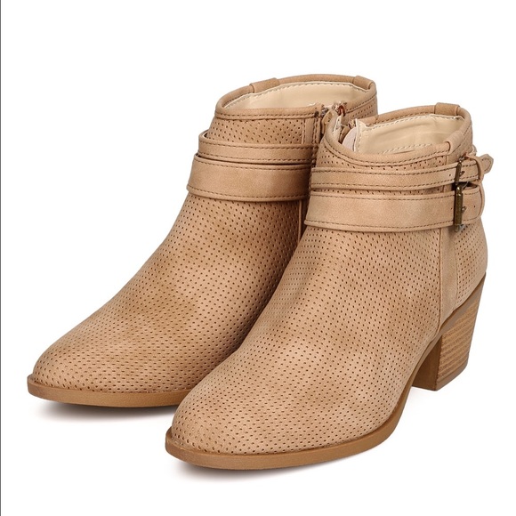 Tan Perforated Buckle Booties - Picture 3 of 4