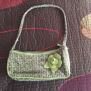 Green tweed purse w leather flower. EUC