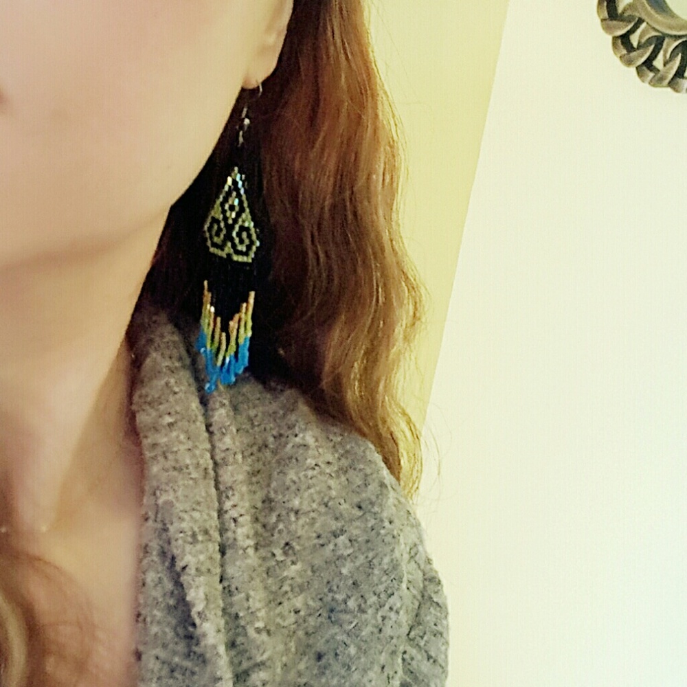 Long Beaded Fringe Earrings, Tribal, Boho, Tassel