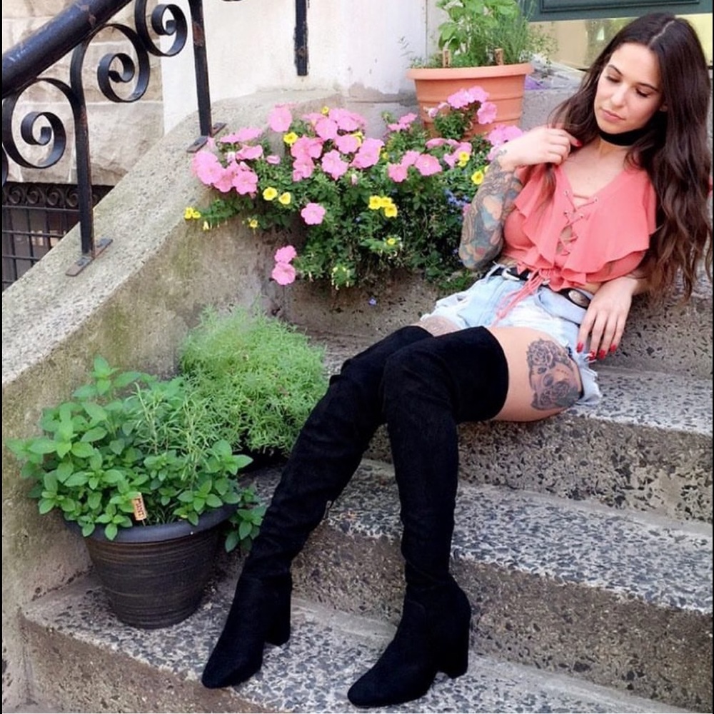 Neoprene Black Sock Heeled Over The Knee Boots - Picture 7 of 8