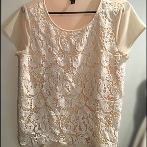 Cream short sleeve shirt with white lace overlay