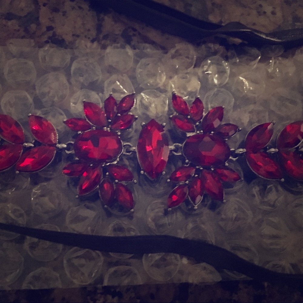 SOLD Red crystal and leather wrap around choker