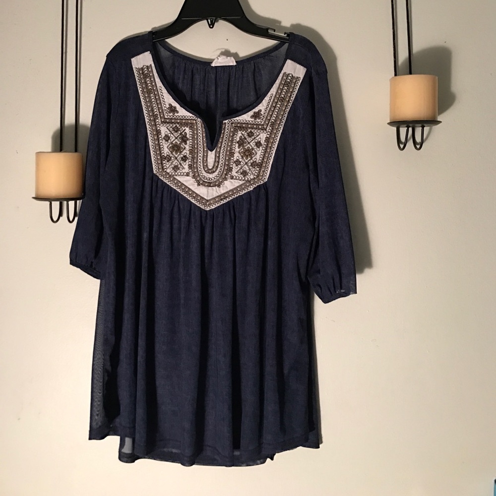 Blue top.