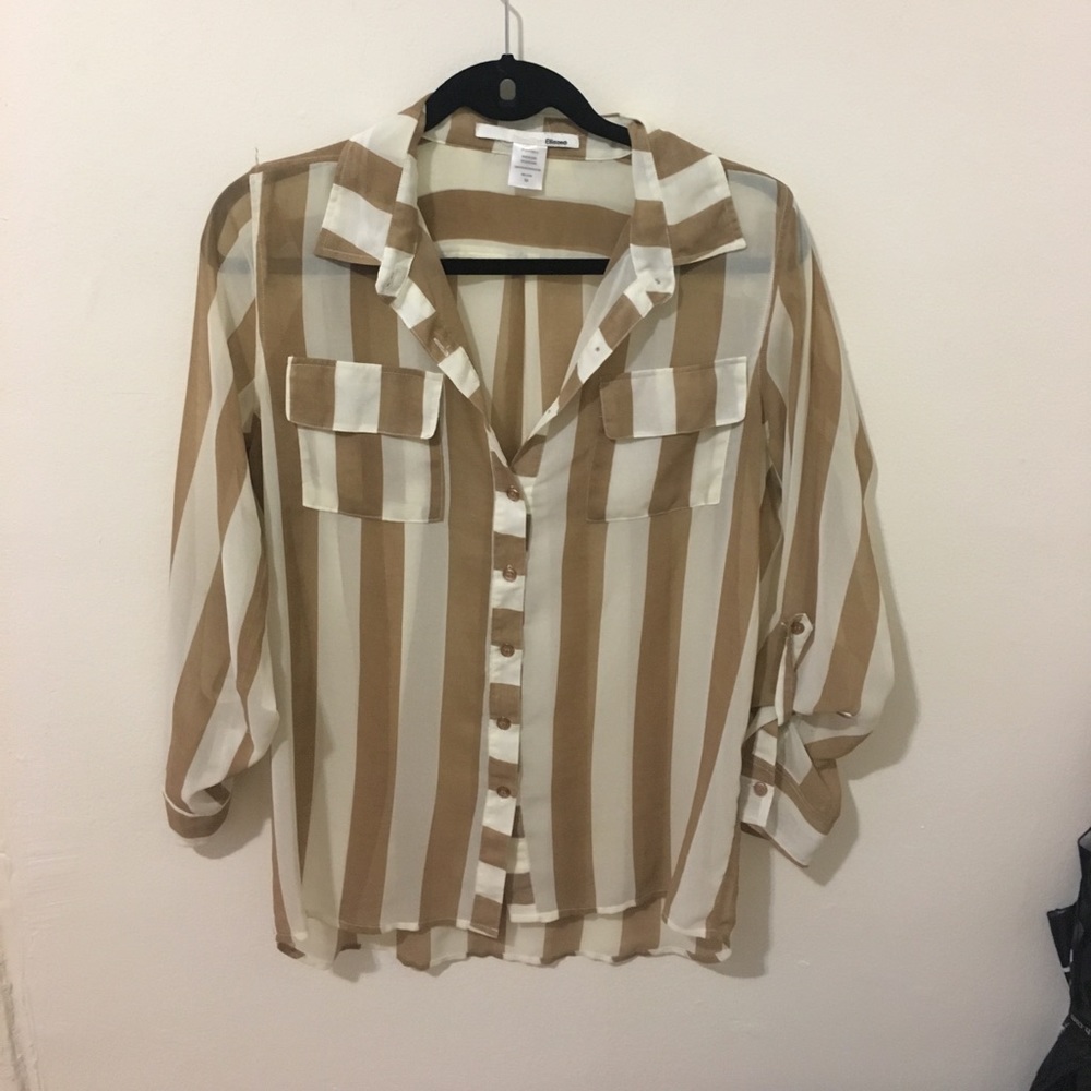 Striped white and tan button down blouse
