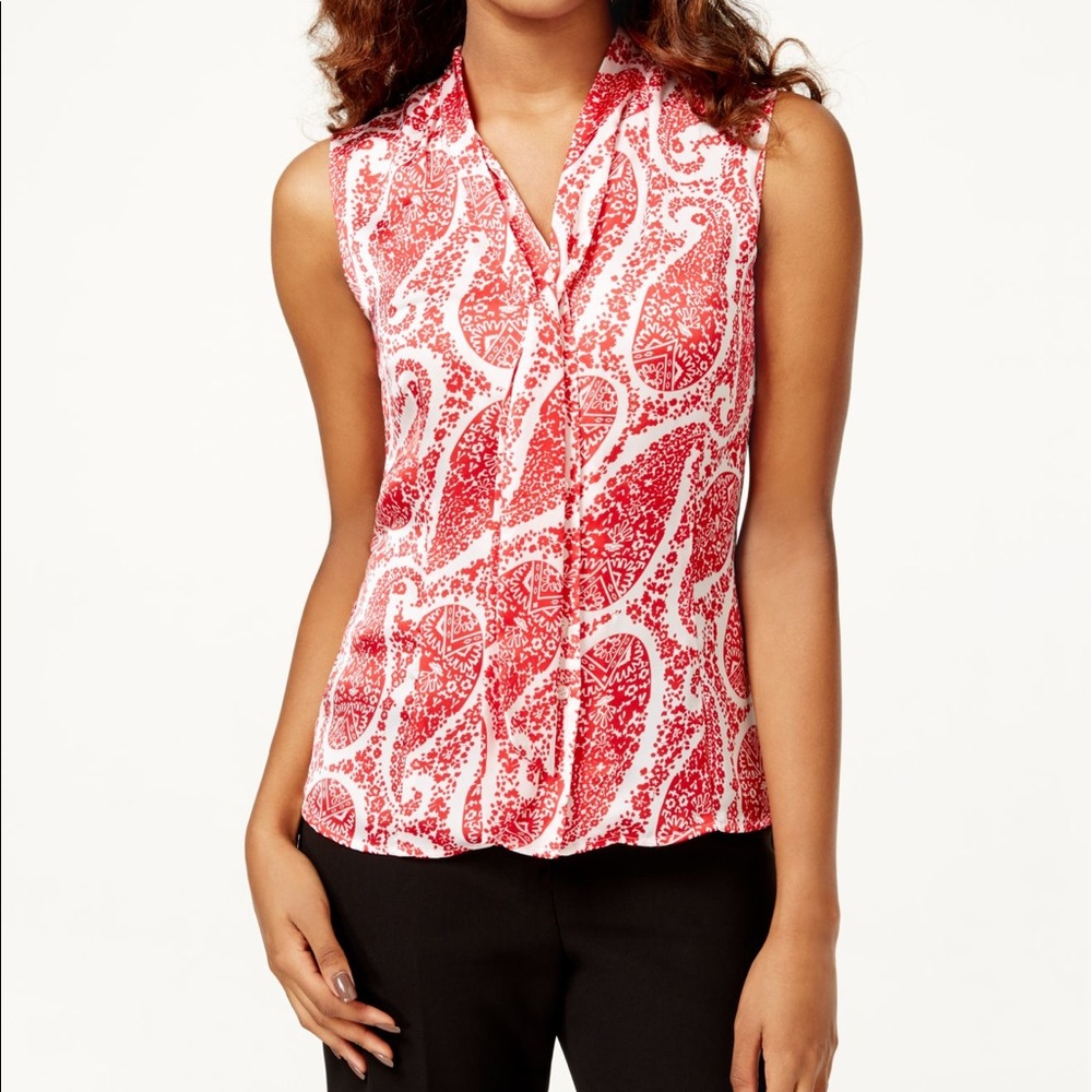 Tahari Red Paisley Sleeveless Shirt - Tie Neck