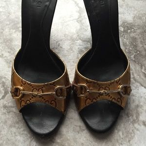 Gucci Gold Metallic Monogram Slip On Mule Heels