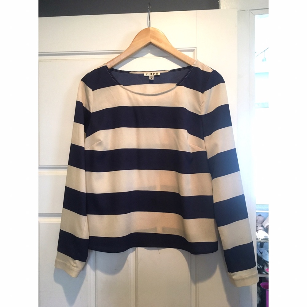 Blue and cream long sleeve blouse - size S