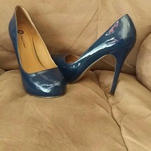 Patent Navy blue heels with hidden toe wedge
