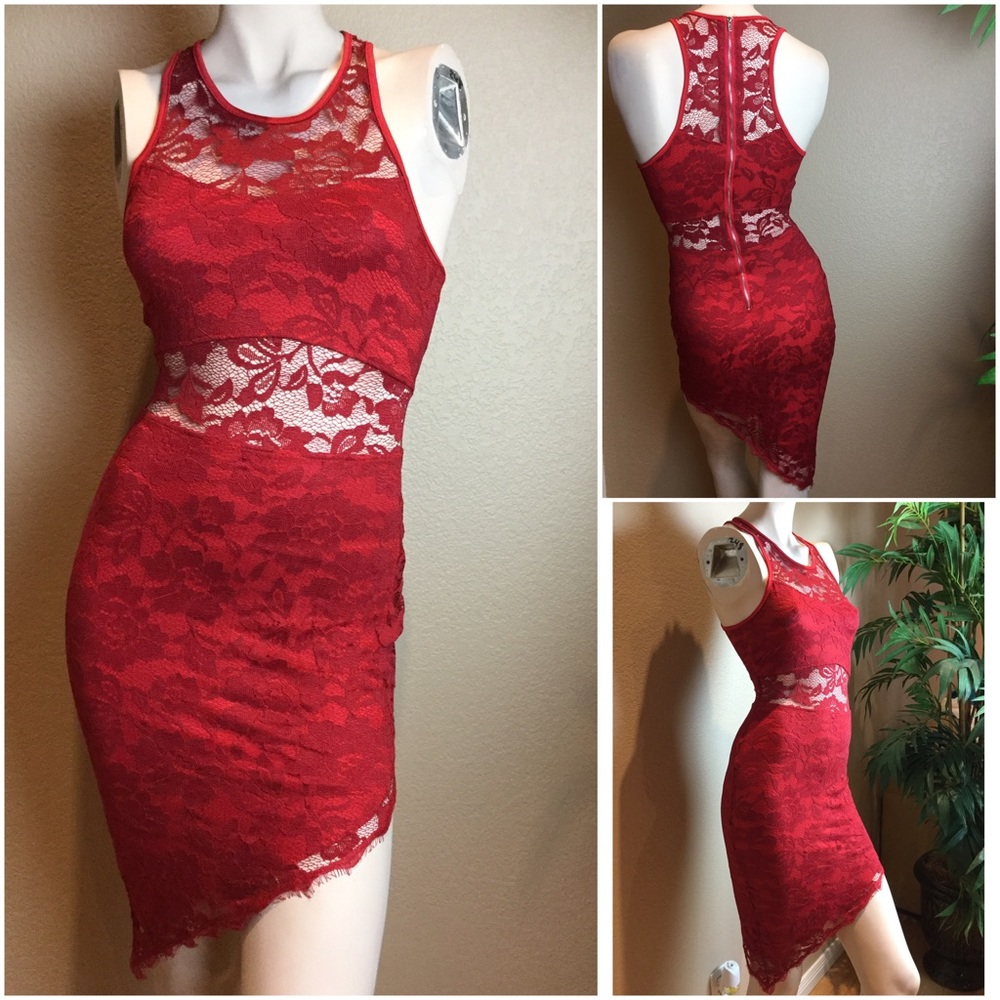 NWOT Sexy Red Sleeveless Halter Lace Dress XS