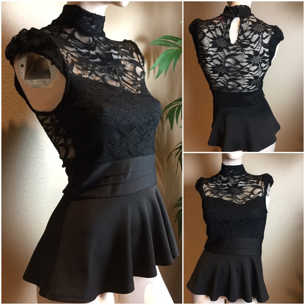 Sleeveless Turtle Neck Lace Peplum Top Small