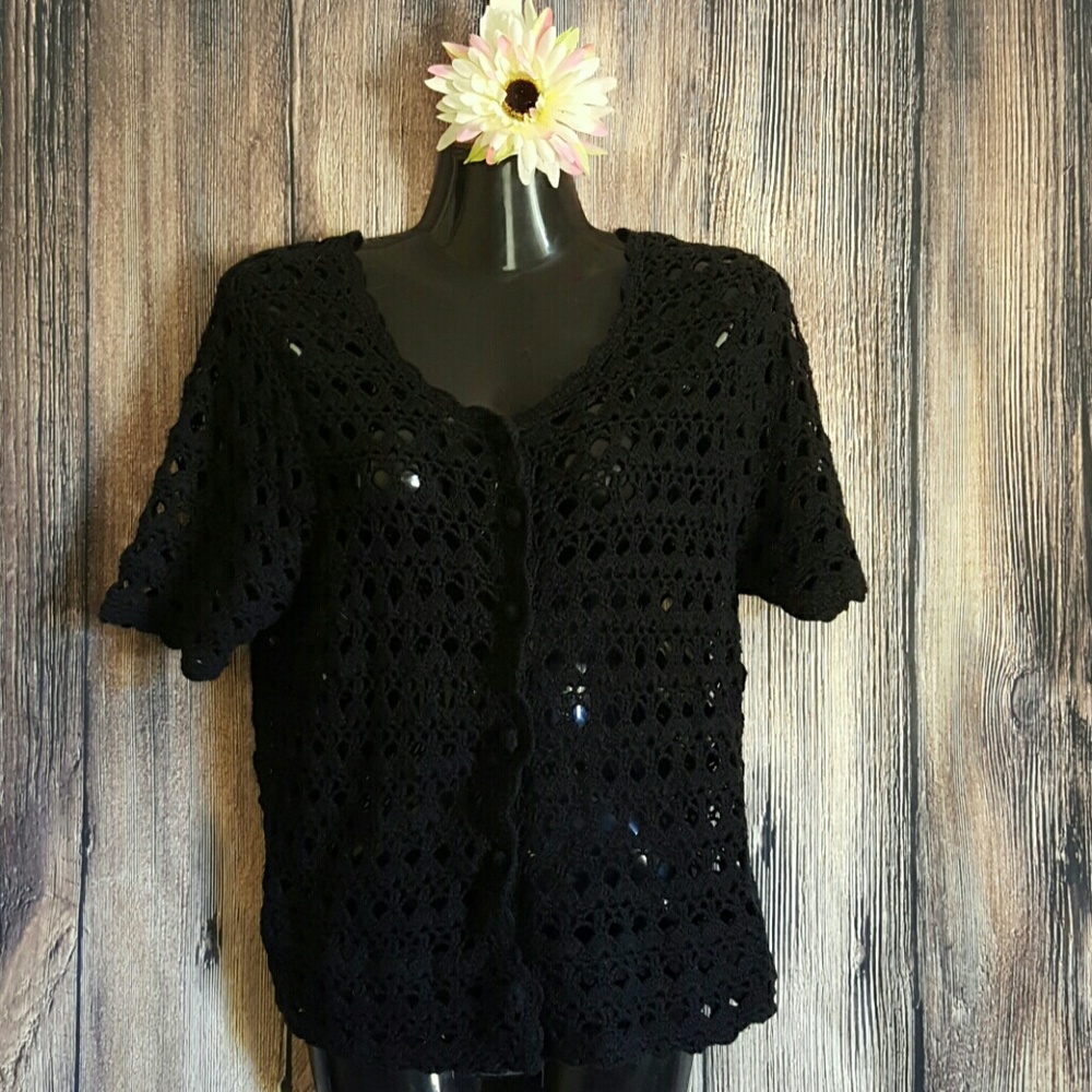 Vtg crochet black sweater cardican blouse euc