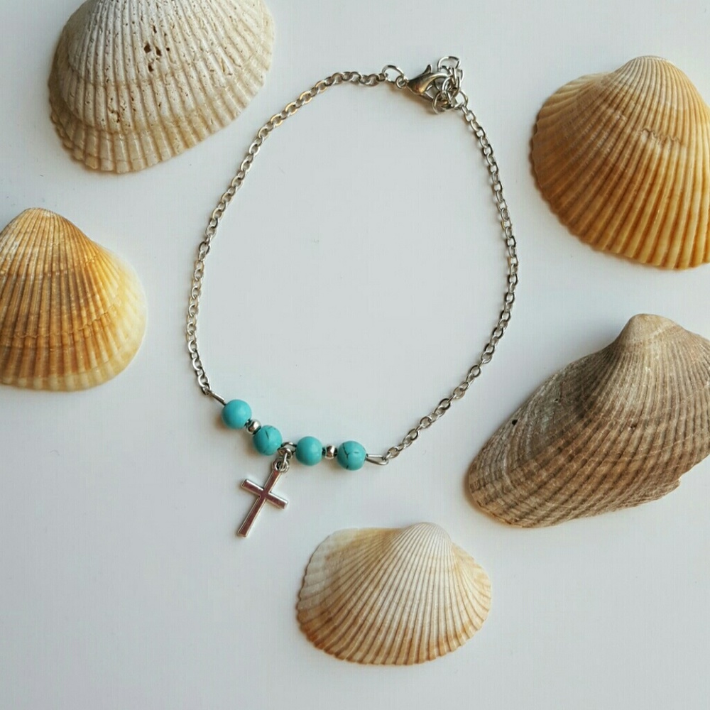 Silver and turquoise cross anklet
