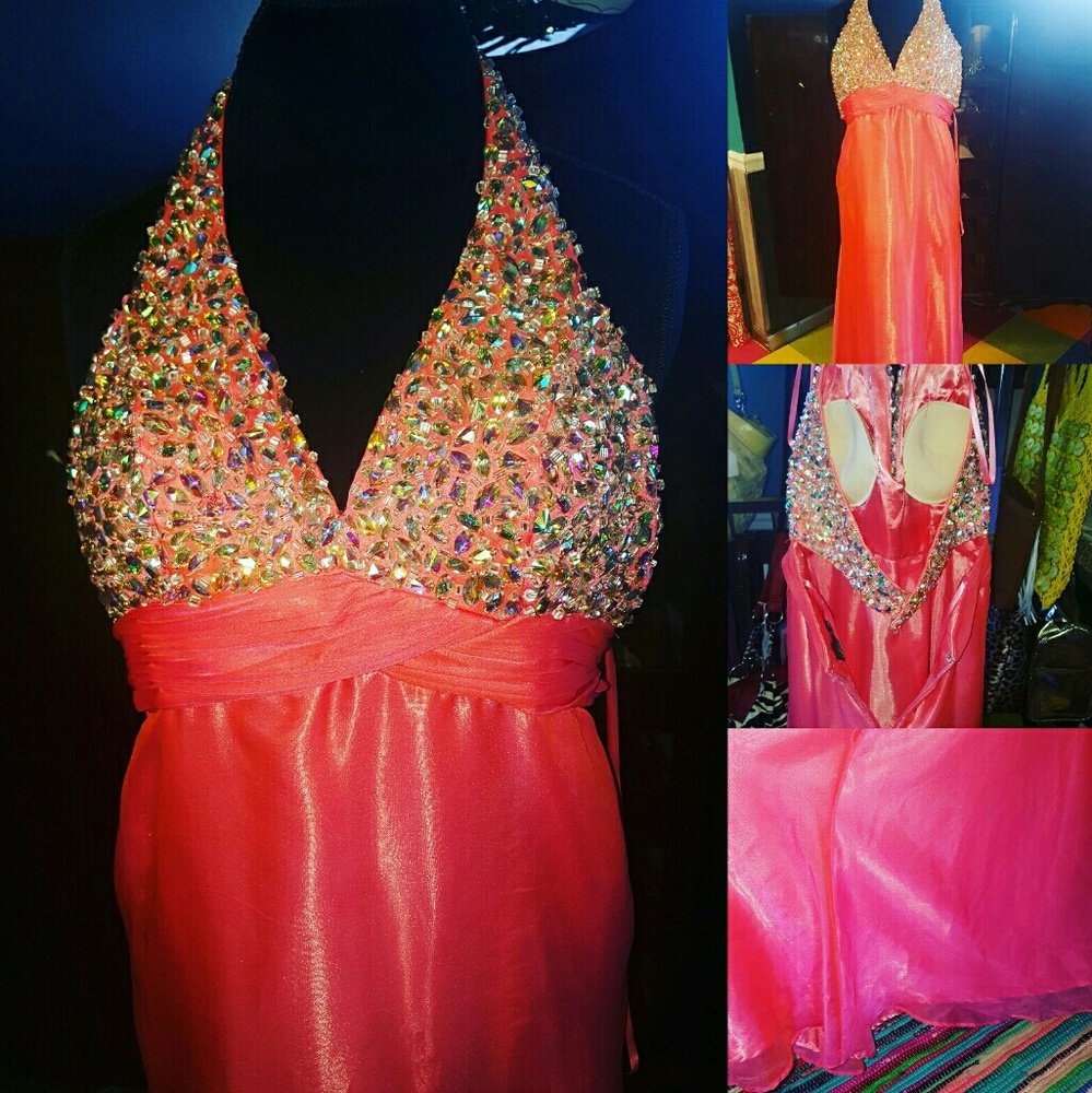 5 for $25! Dave and Johnny Coral and crystal halter gown
