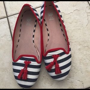 Red white and blue canvas tassel loafers