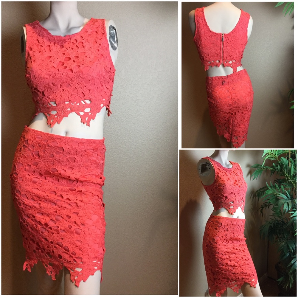 Hot Miami Styles Coral Lace 2 Piece Skirt Set S
