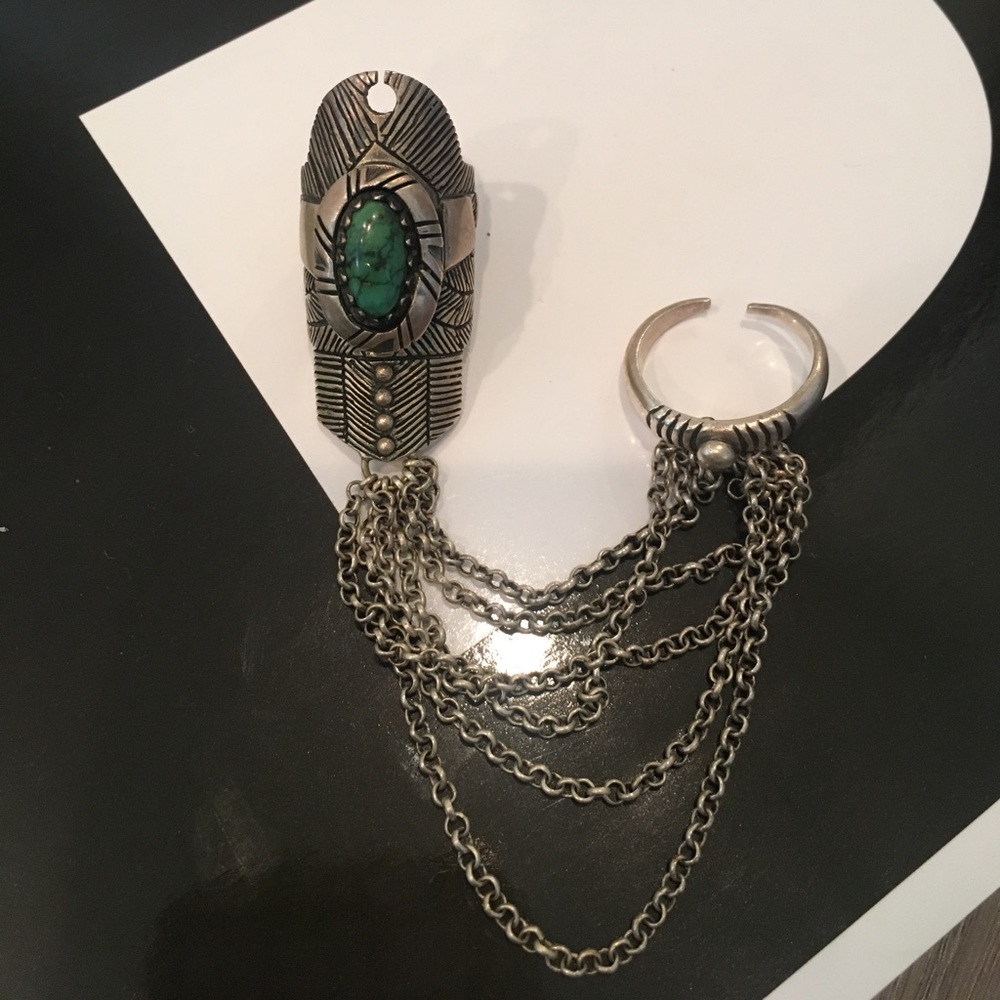 Metal two finger ring with turquoise