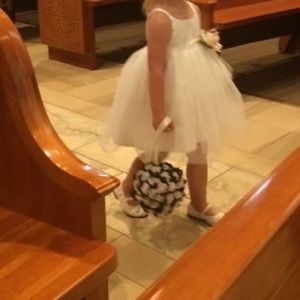 white dress with pink & white flower