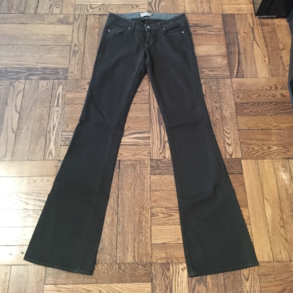 Paige dark green flare jeans with tonal stitching