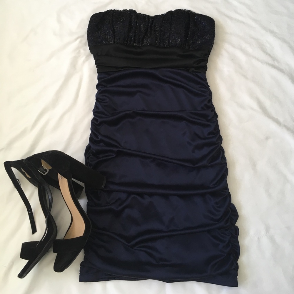 Blue Satin Ruched Bodycon w/ Sequined Too