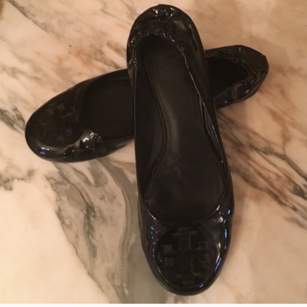 Tory Burch Black Patent Leather Reba Flats.