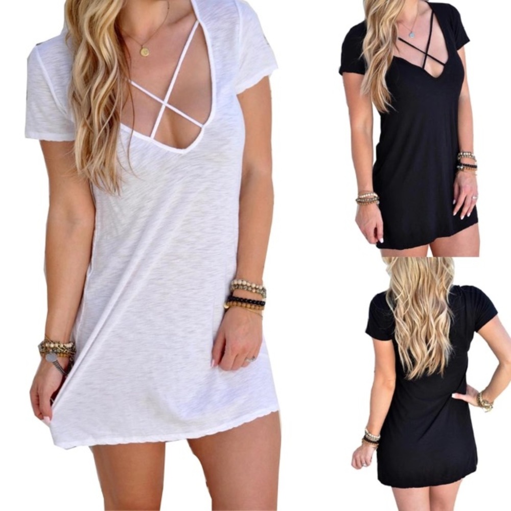 Caged TEE Shirt DRESS TUNIC Coverup Cut Out NEW - Picture 3 of 3