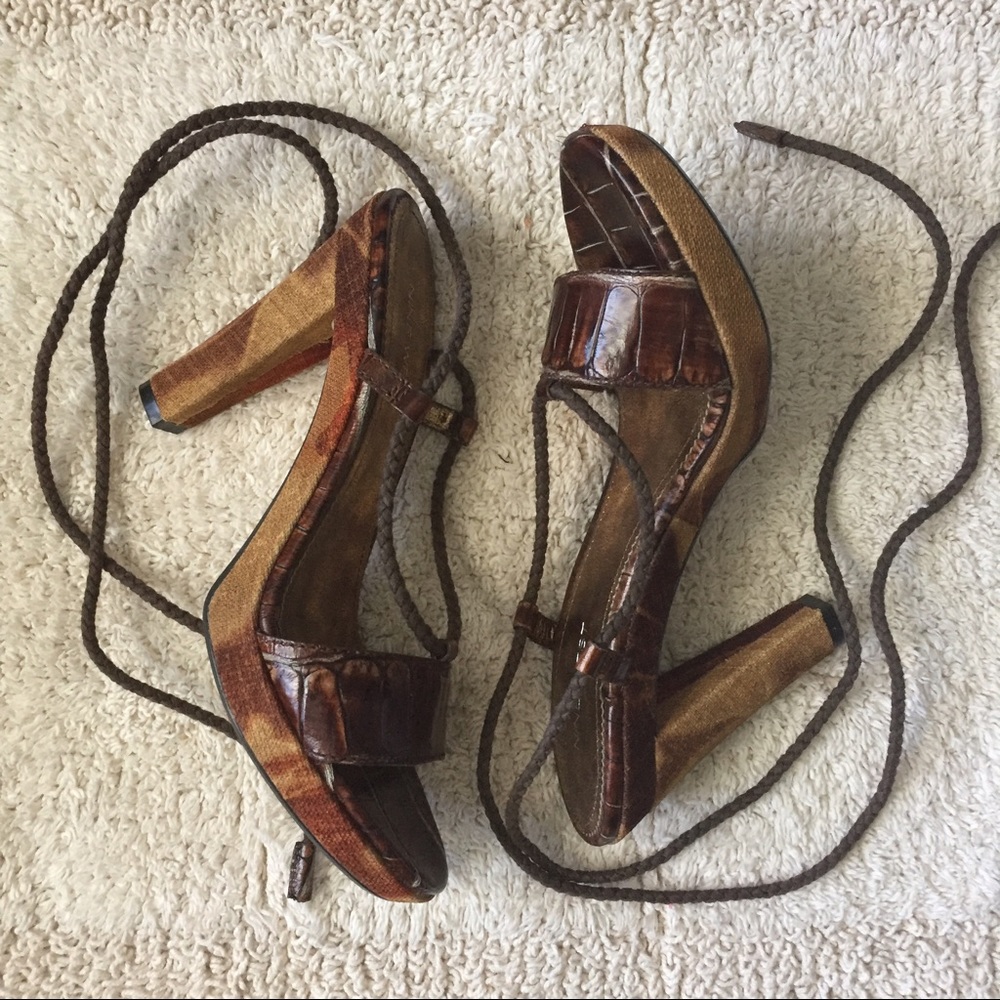 Nine West high heel tie leg sandal, brown, size 8