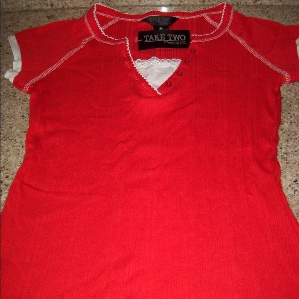 Take Two Red Knit White Short Sleeve Top