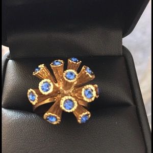 Vintage Star Burst Ring With Sapphire Blue Stones