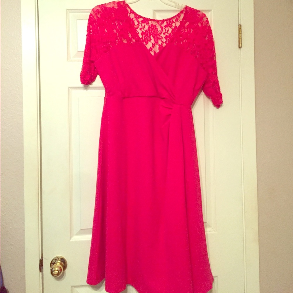 Adorable hot pink lace faux wrap kiyonna dress