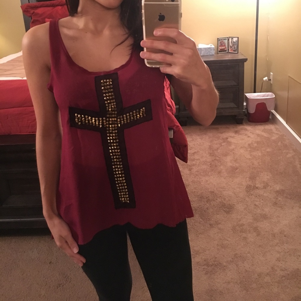 Body Central Maroon See-Through Studded Cross Tank