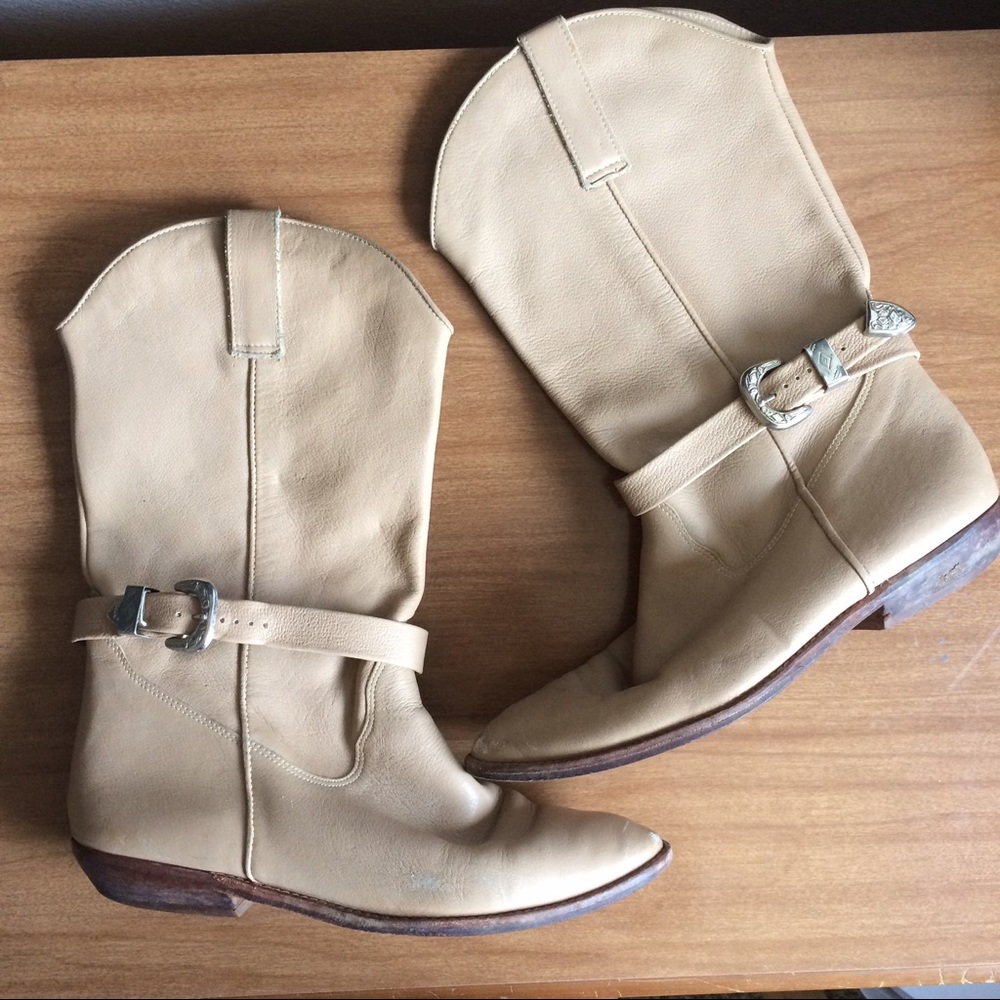 Vintage Western Tan Leather Silver Buckle Boots