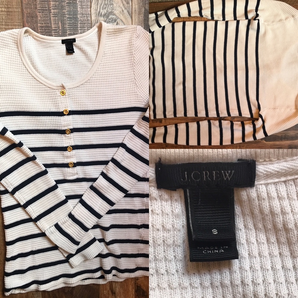 J.Crew ivory & navy striped waffle, long sleeve S