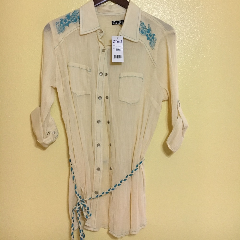 Cream and Teal Cruel Girl Roll Sleeve Blouse NWT