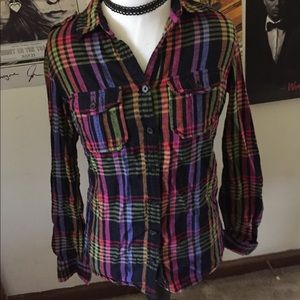 Black and rainbow colored plaid shirt