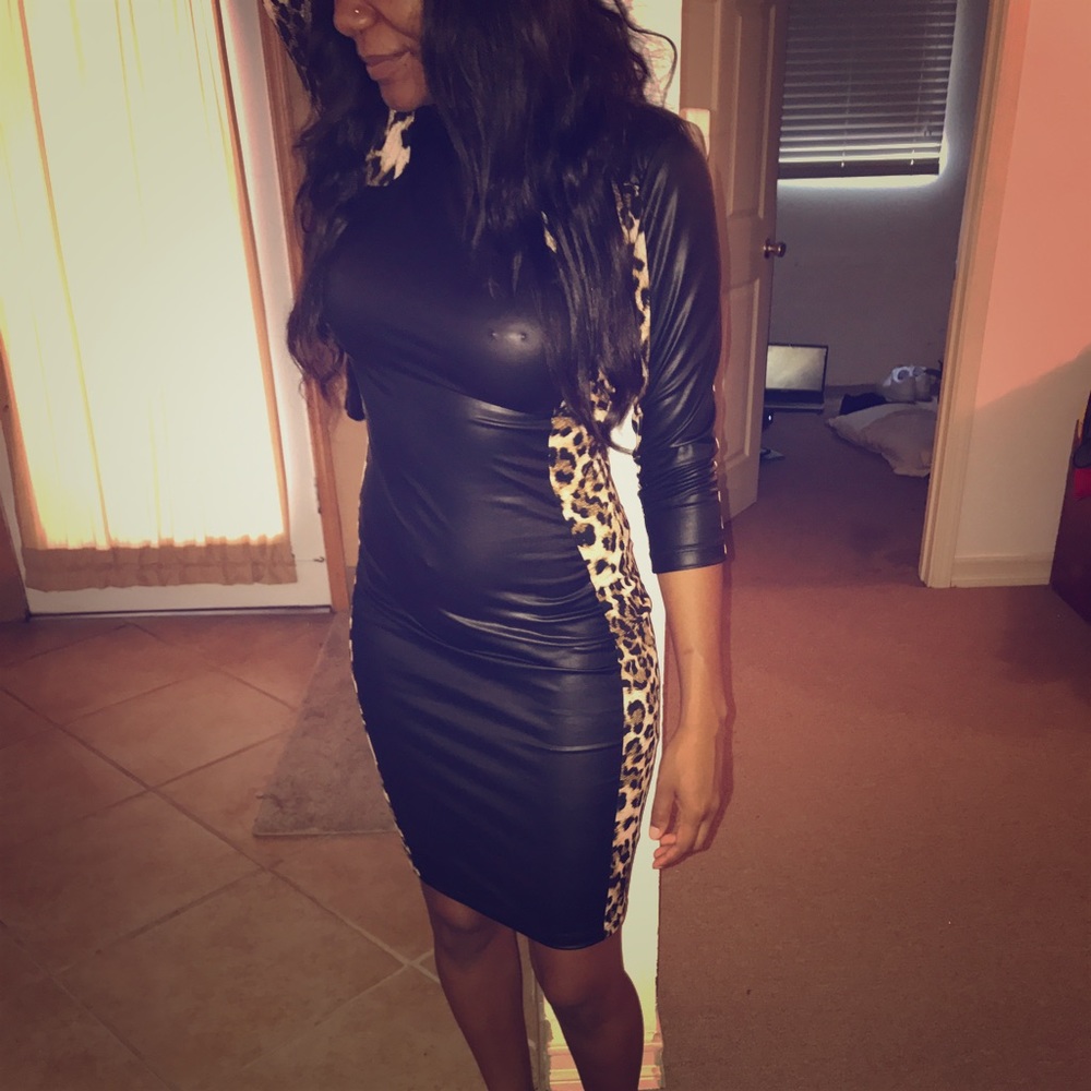 Black and cheetah leather dress